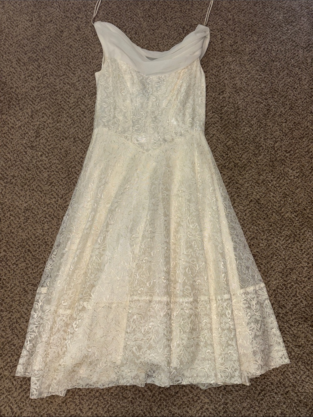 Vintage Ivory Lace A-Line Dress with Draped Neckline